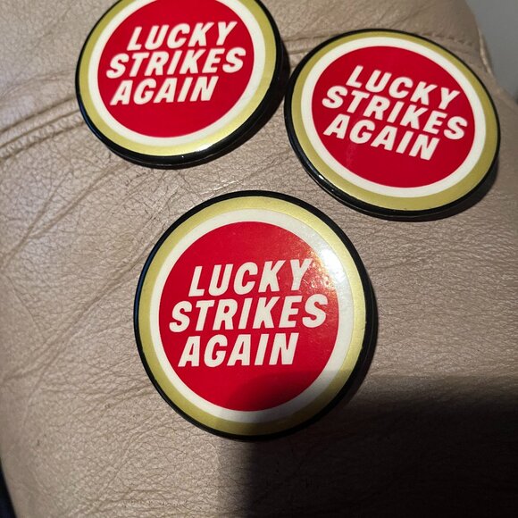 3 Vintage Pinback Button Lucky Strikes Again Cigarette Tobacco 2 1/2" - Picture 1 of 2